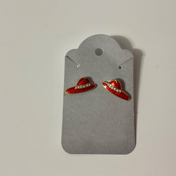 Enameled Red Hat Earrings With Rhinestones - Picture 6 of 6